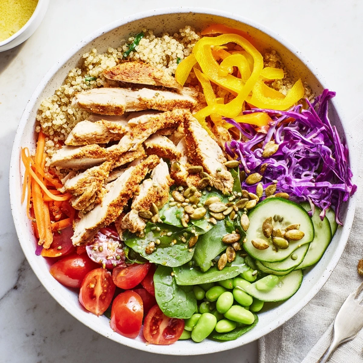 Vibrant healthy meal-prep bowls showcasing colorful layers of fresh vegetables and quinoa.  