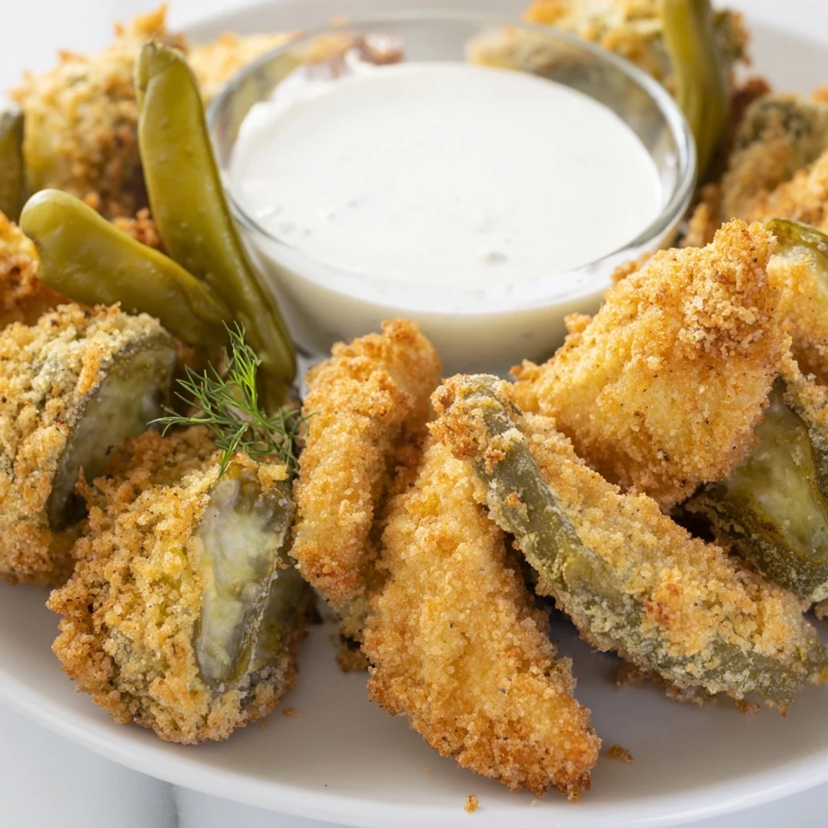 Crispy fried pickles served alongside colorful pickled vegetables for pickle lovers meal.  