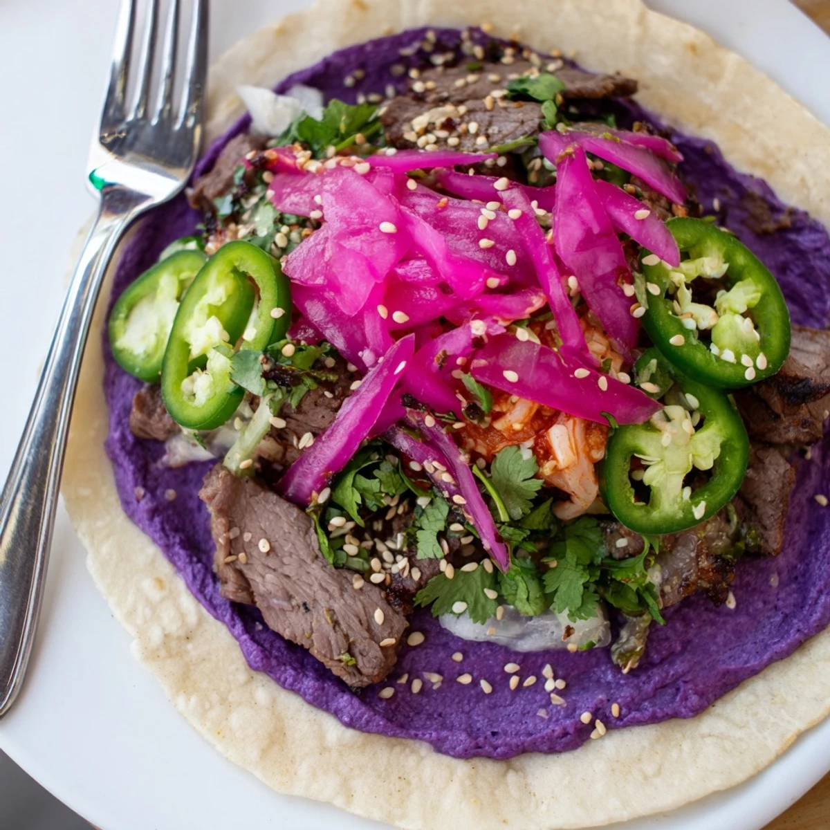 Vibrant Global Street-Food Fusion Tacos piled high with colorful toppings and ube crema.  