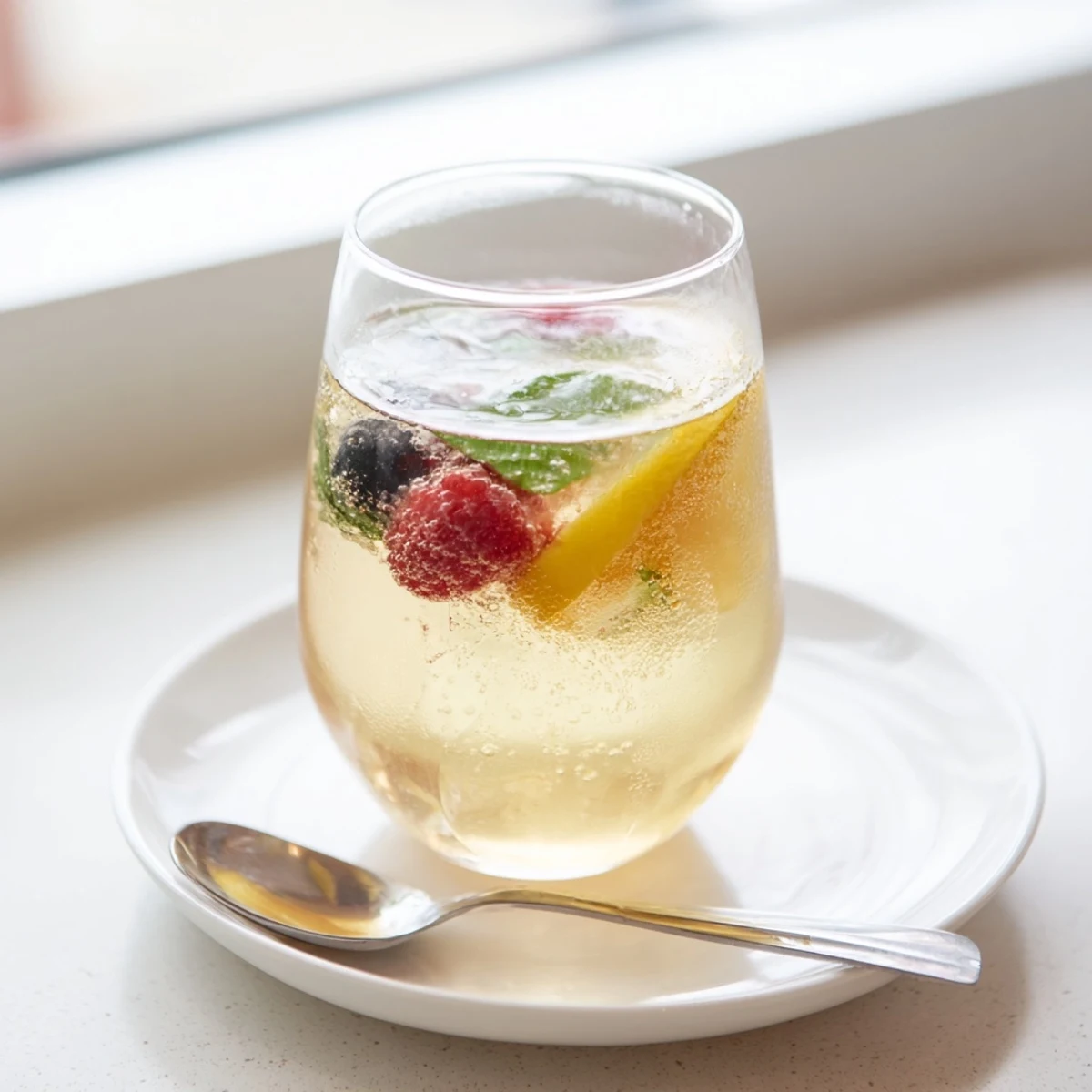 A refreshing glass of kombucha-style home-brew mocktails with vibrant berries.  