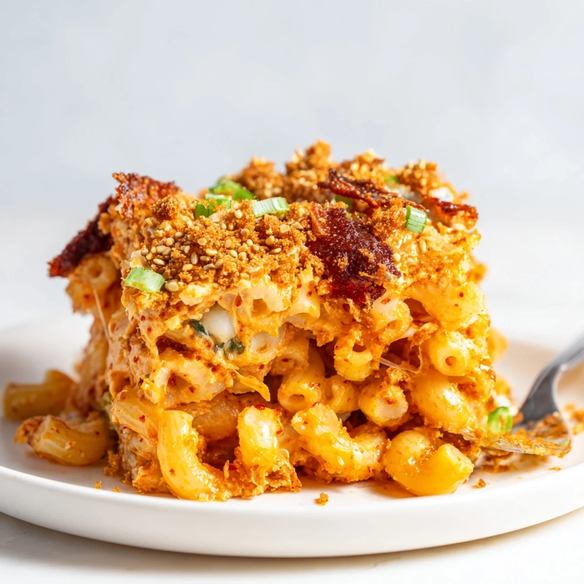 Creamy Spicy Kimchi Mac & Cheese topped with crunchy sesame for perfect comfort food.  