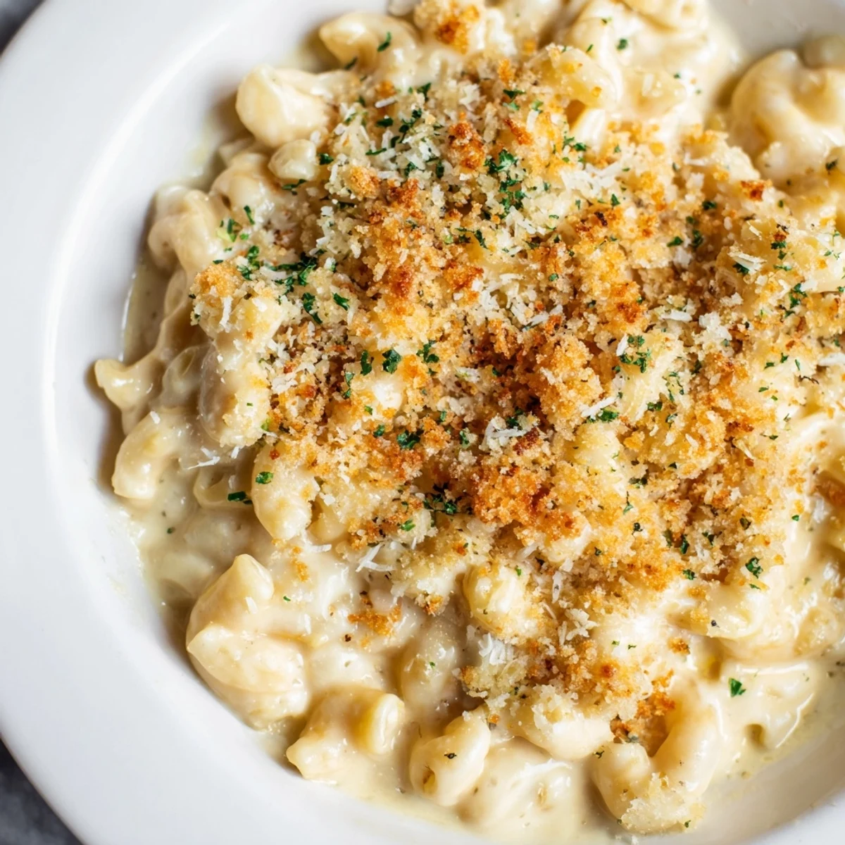 Creamy truffle macaroni and cheese topped with golden, crispy breadcrumbs and herbs.  