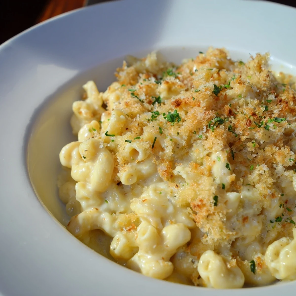 Decadent truffle macaroni and cheese, oozing with melted cheese and rich flavors.  