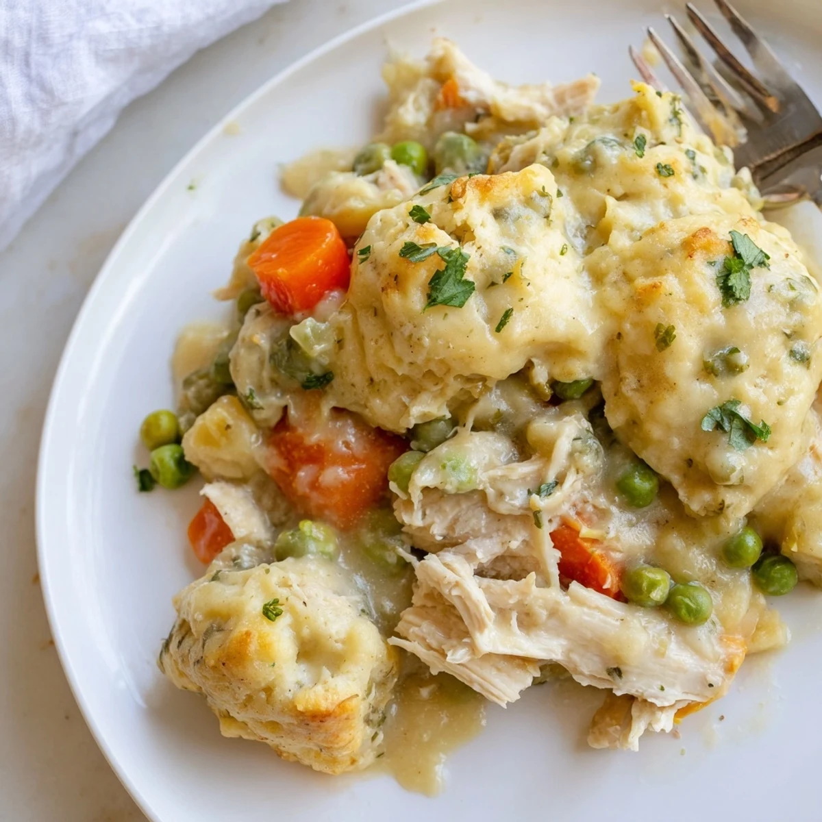 Hearty Chicken and Dumplings Casserole topped with fluffy dumplings, perfect for family dinners.  