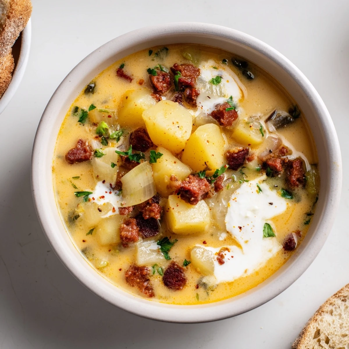 Creamy Potato, Leek & Chorizo Soup Bowl with vibrant colors and garnished with parsley.  