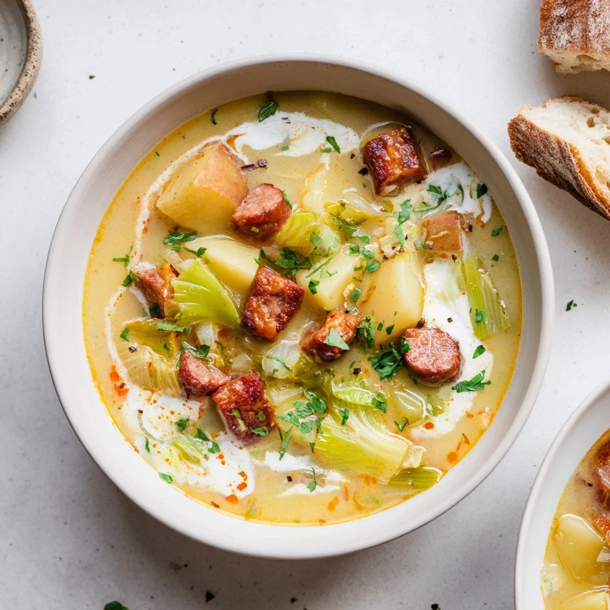 Hearty Potato, Leek & Chorizo Soup Bowl featuring chunks of tender potatoes and sausage.