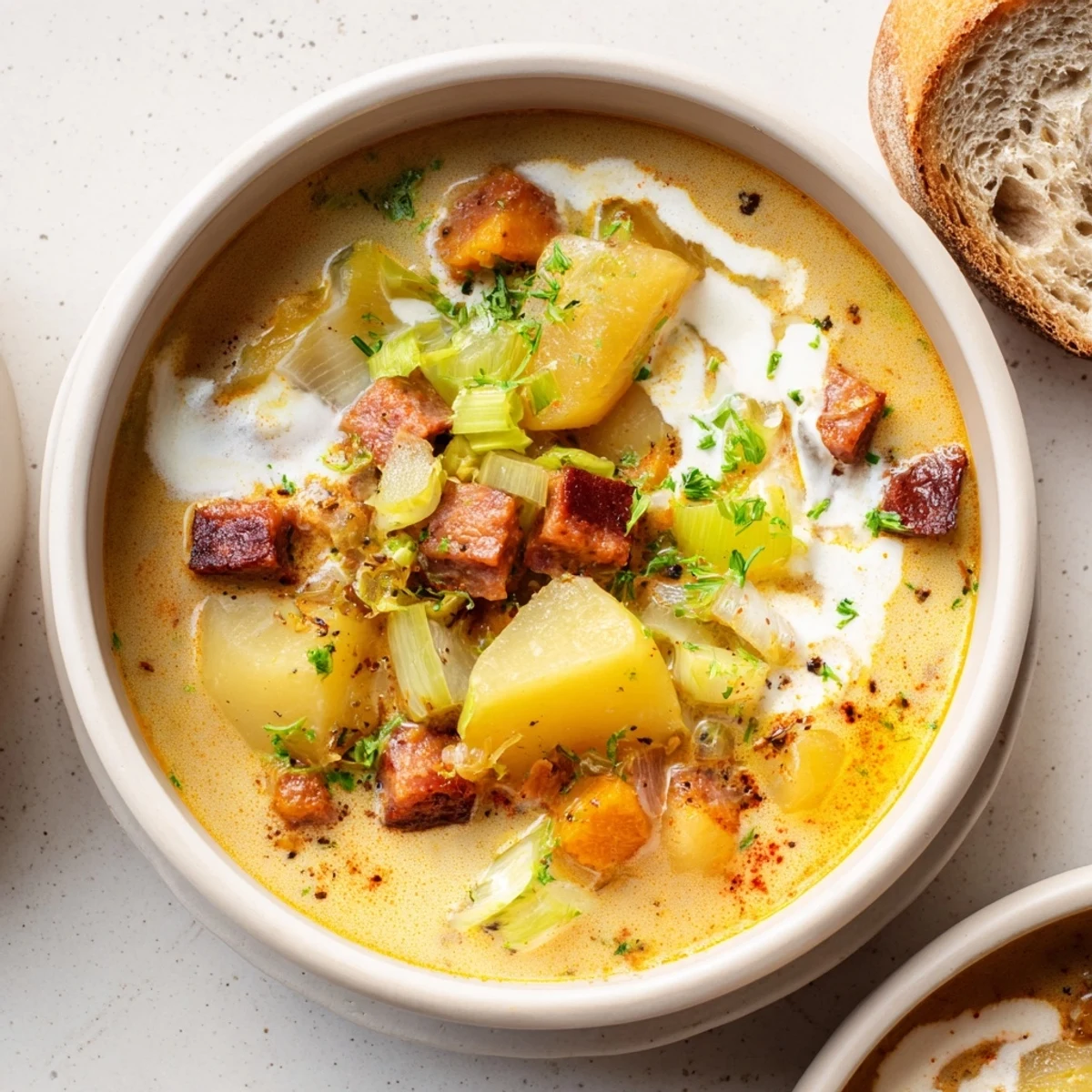 A warm and comforting Potato, Leek & Chorizo Soup Bowl served with crusty bread.  