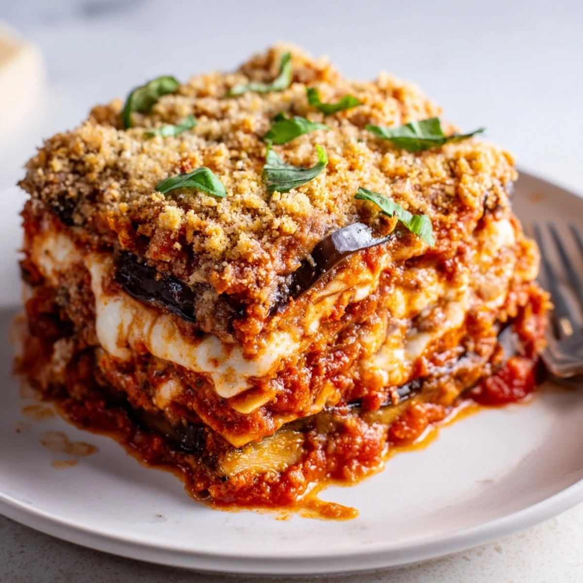 Golden-baked Eggplant Parmesan Lasagna with layers of creamy cheese and marinara sauce.