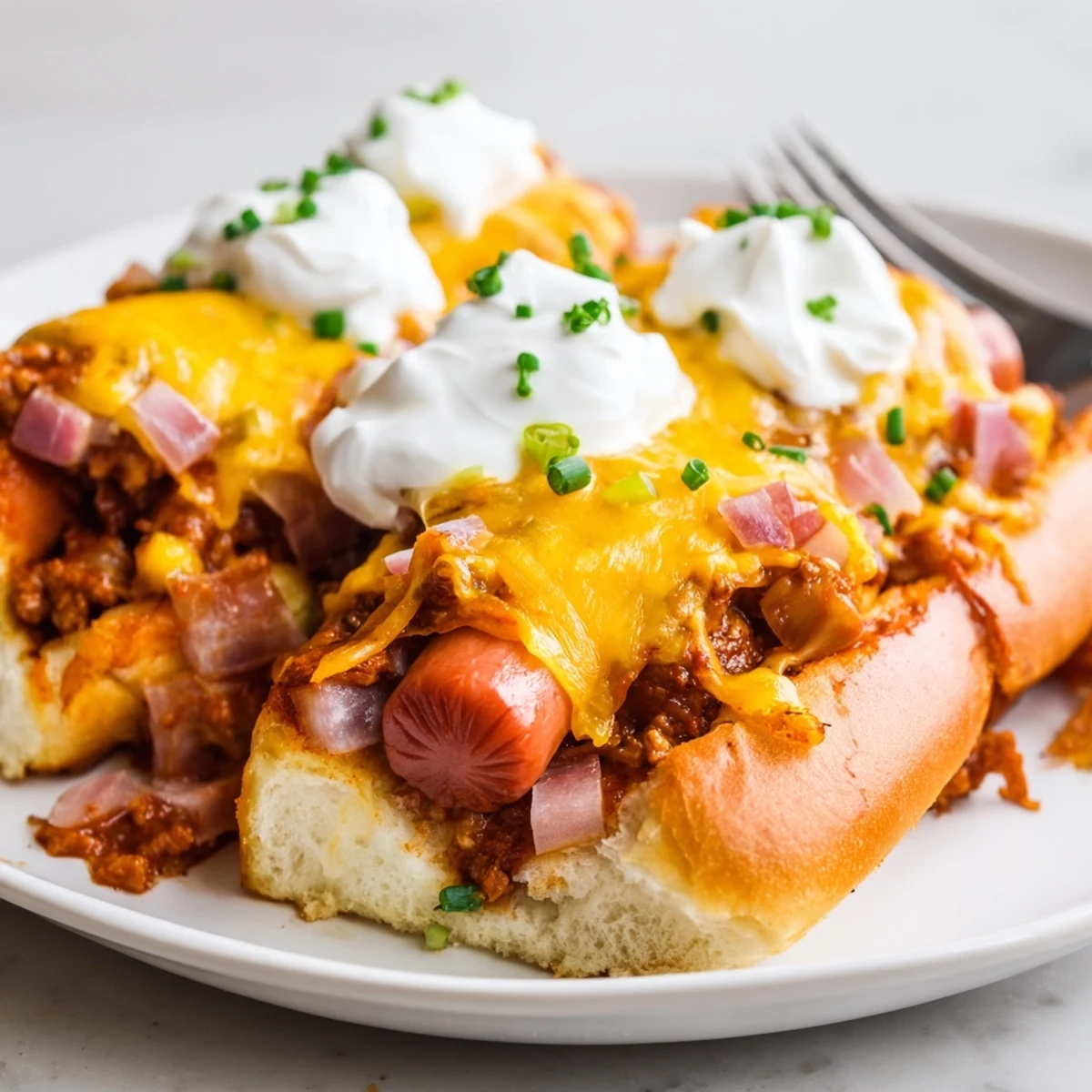 Hearty Chili Dog Casserole served warm, garnished with fresh green onions and sour cream.  