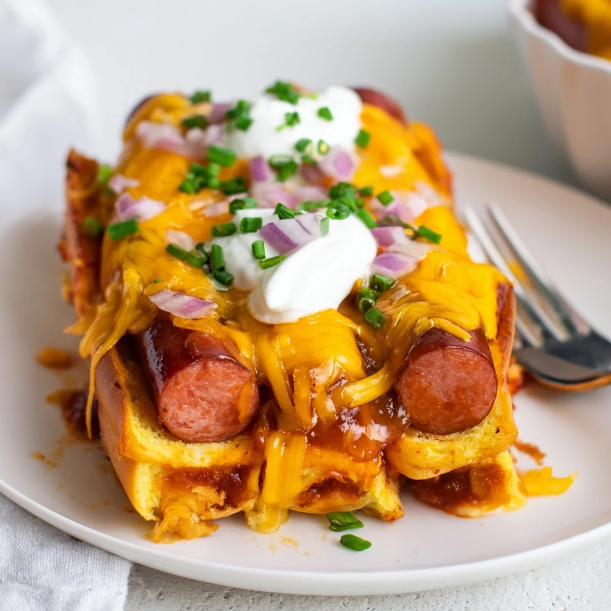 Comforting Chili Dog Casserole featuring layers of hot dogs, chili, and gooey cheddar.