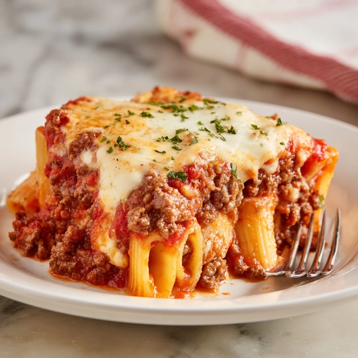 Comforting Baked Ziti with Meat Sauce, showcasing golden cheese atop hearty pasta layers.  