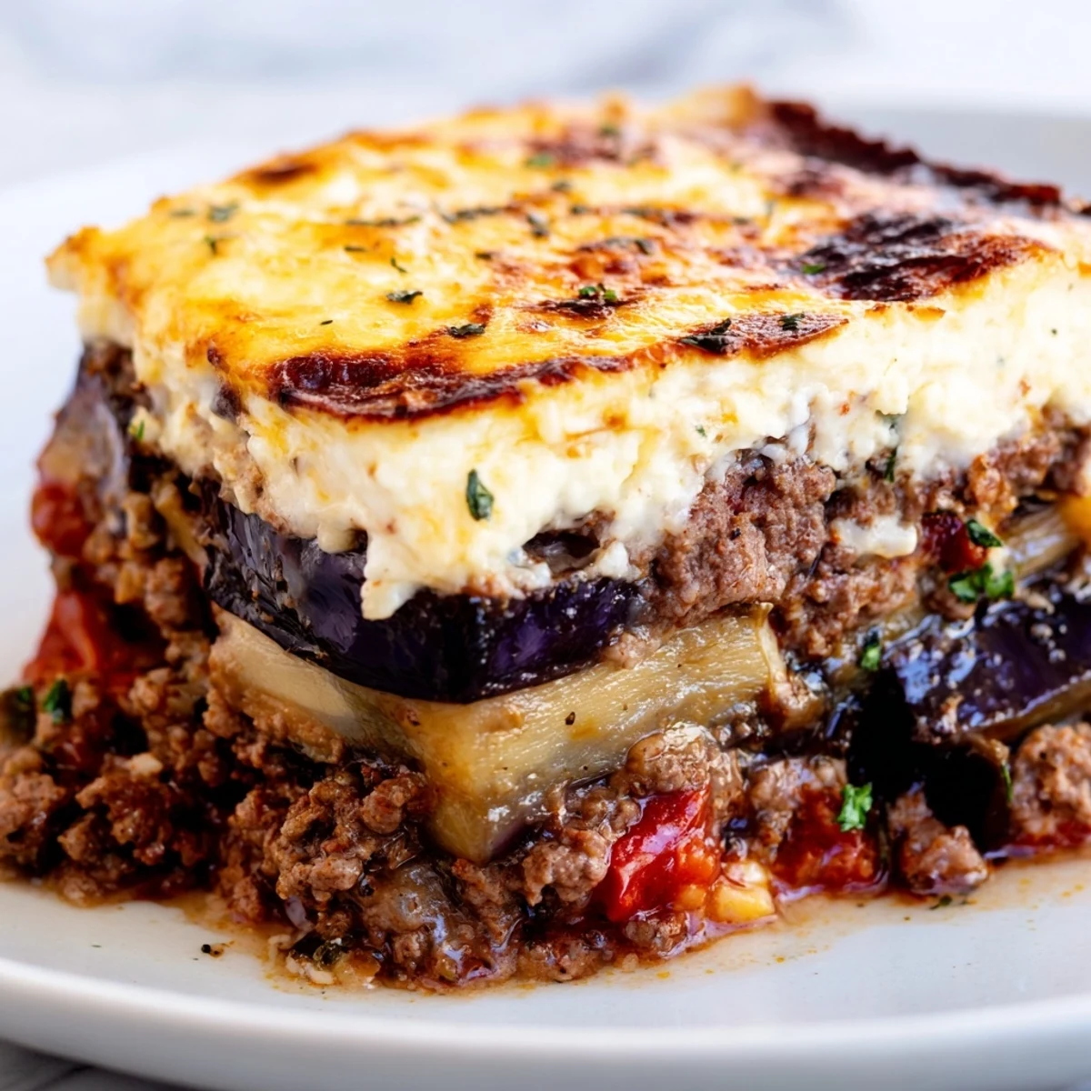 Golden-baked Moussaka with Beef & Eggplant served with a fresh Greek salad.  