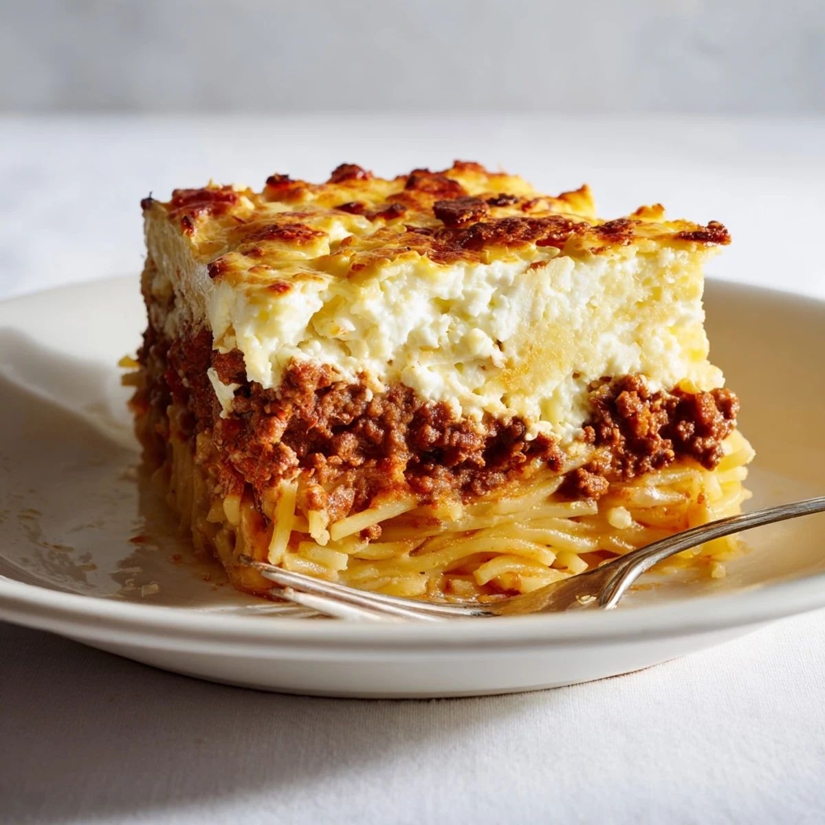Golden-baked Greek pastitsio layered with tender pasta, spiced beef, and creamy béchamel.  