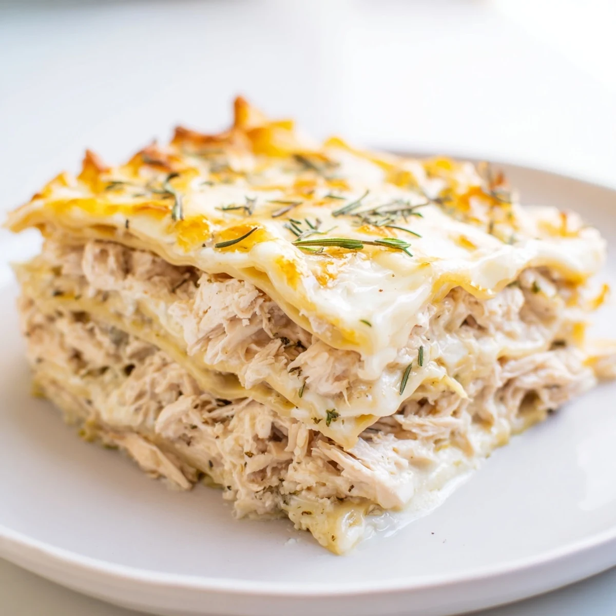 Rosemary Chicken Lasagna: A bubbly, golden baked casserole with melted mozzarella and Parmesan cheese.
