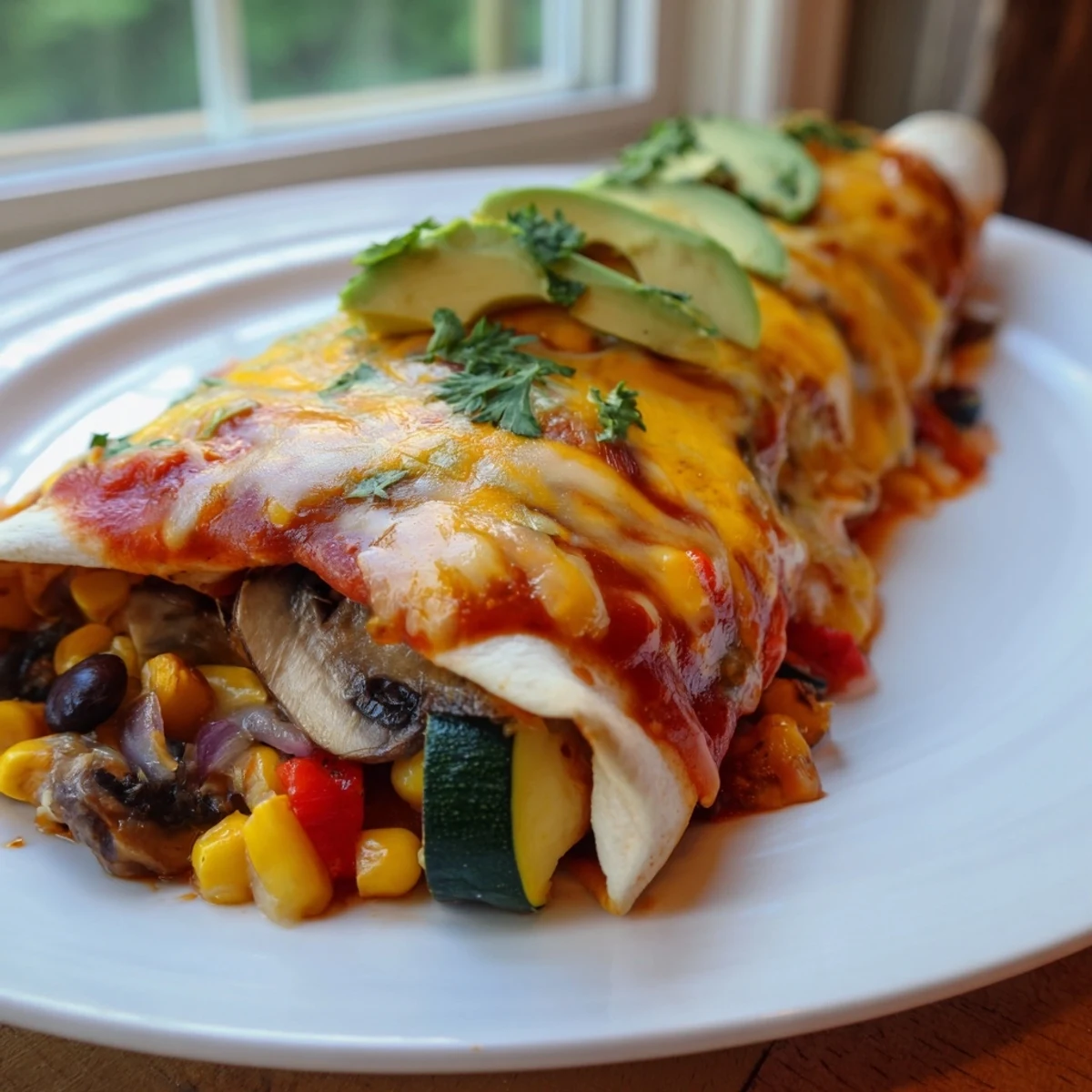Steam rises from these cheesy Farmers Market Vegetarian Enchiladas, filled with colorful seasonal vegetables and black beans.