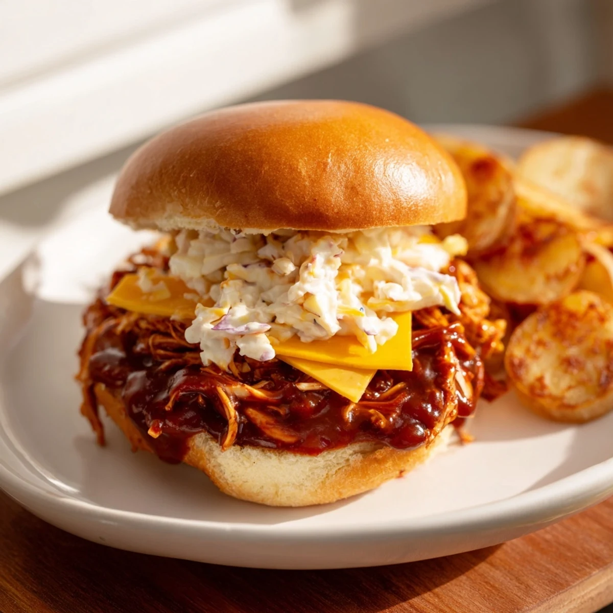 Tender BBQ Chicken Sliders piled high, alongside a mountain of golden, crispy fries.
