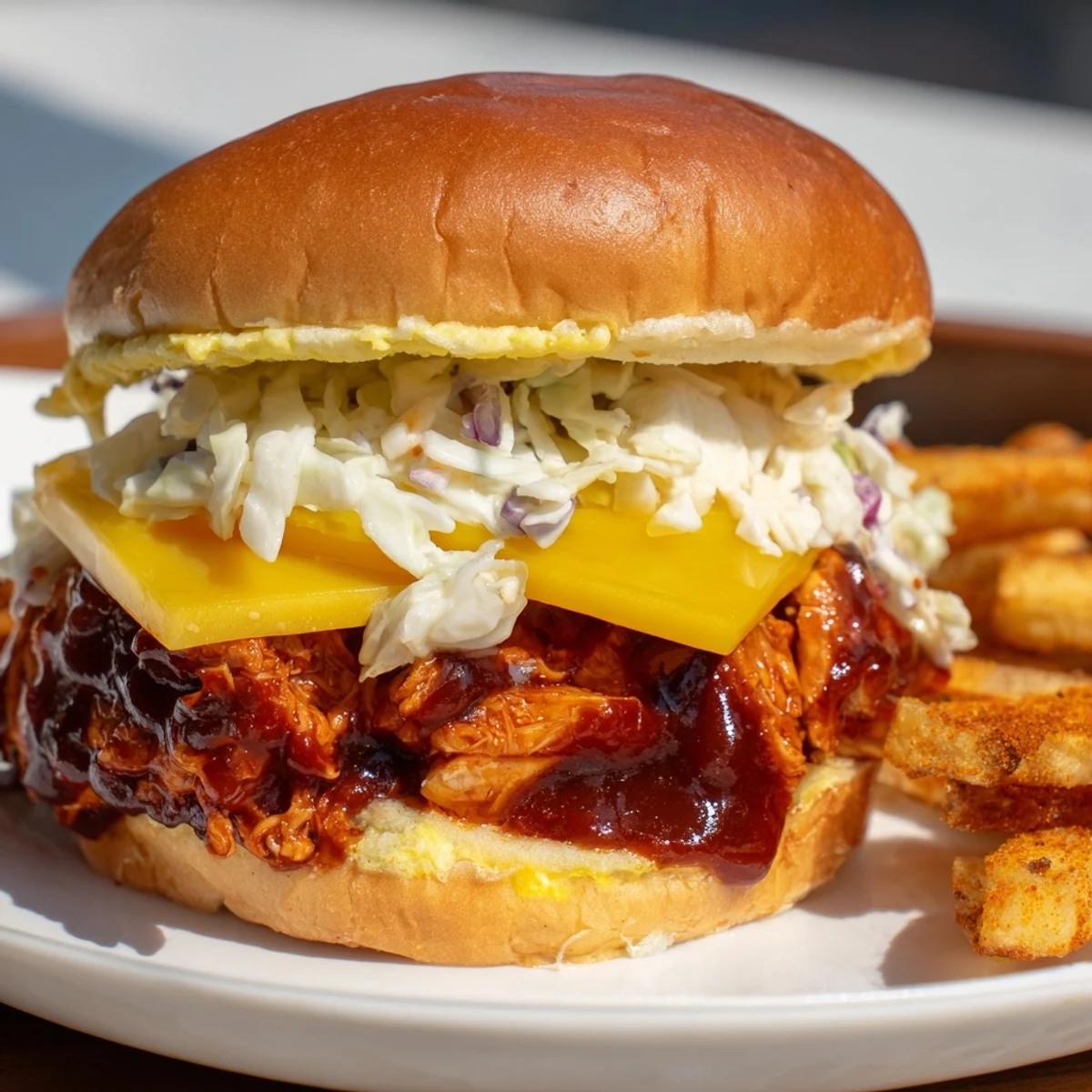 Warm, saucy BBQ Chicken Sliders on toasted buns, ready to pair with seasoned fries.