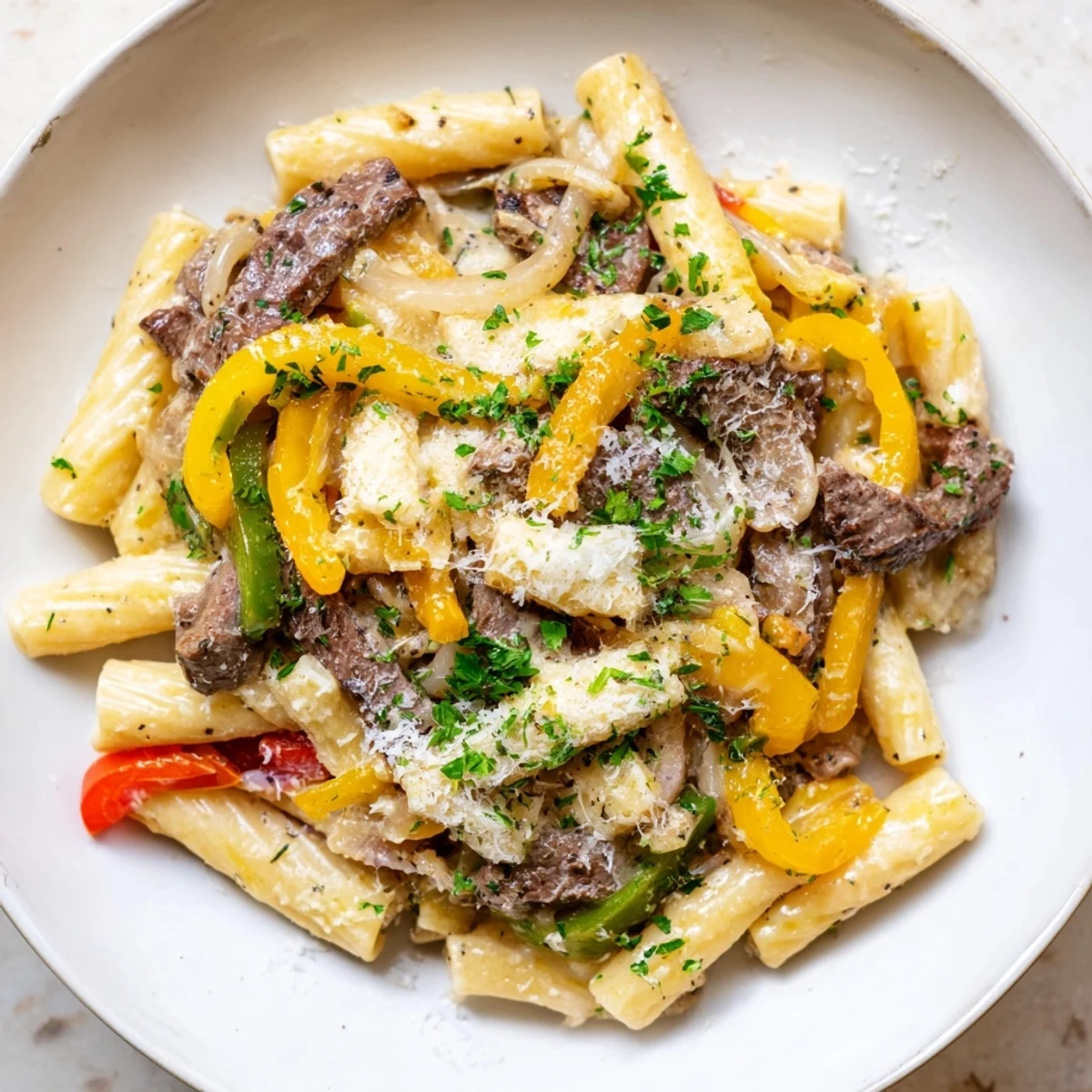 Delicious Philly Cheese Steak Pasta, with tender beef and cheesy sauce coating every pasta strand.