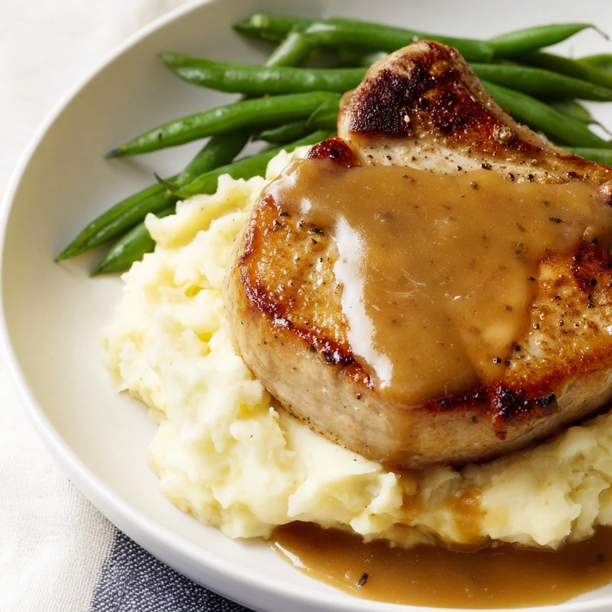 Tender Pork Chops & Cheddar Mash Bowl, a savory meal with creamy mashed potatoes and rich gravy.