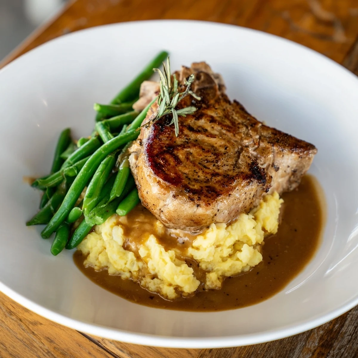 Golden-brown pork chops rest on cheddar mashed potatoes in this comforting Pork Chops & Cheddar Mash Bowl.