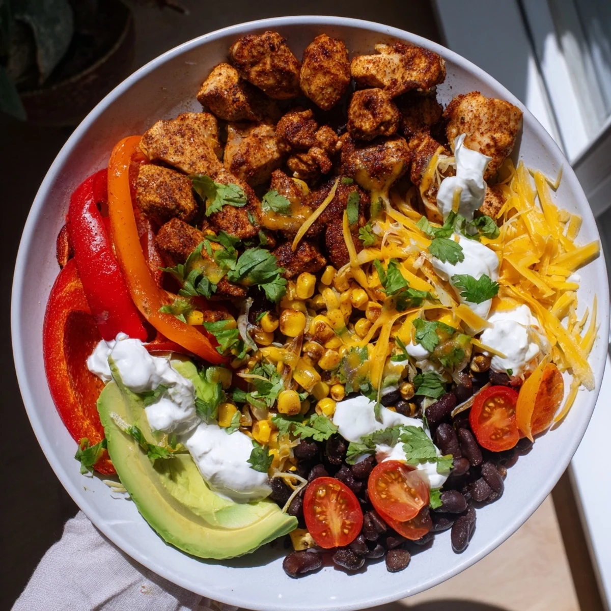 Golden sheet pan chicken burrito bowls, overflowing with colorful roasted vegetables and savory seasoned chicken.