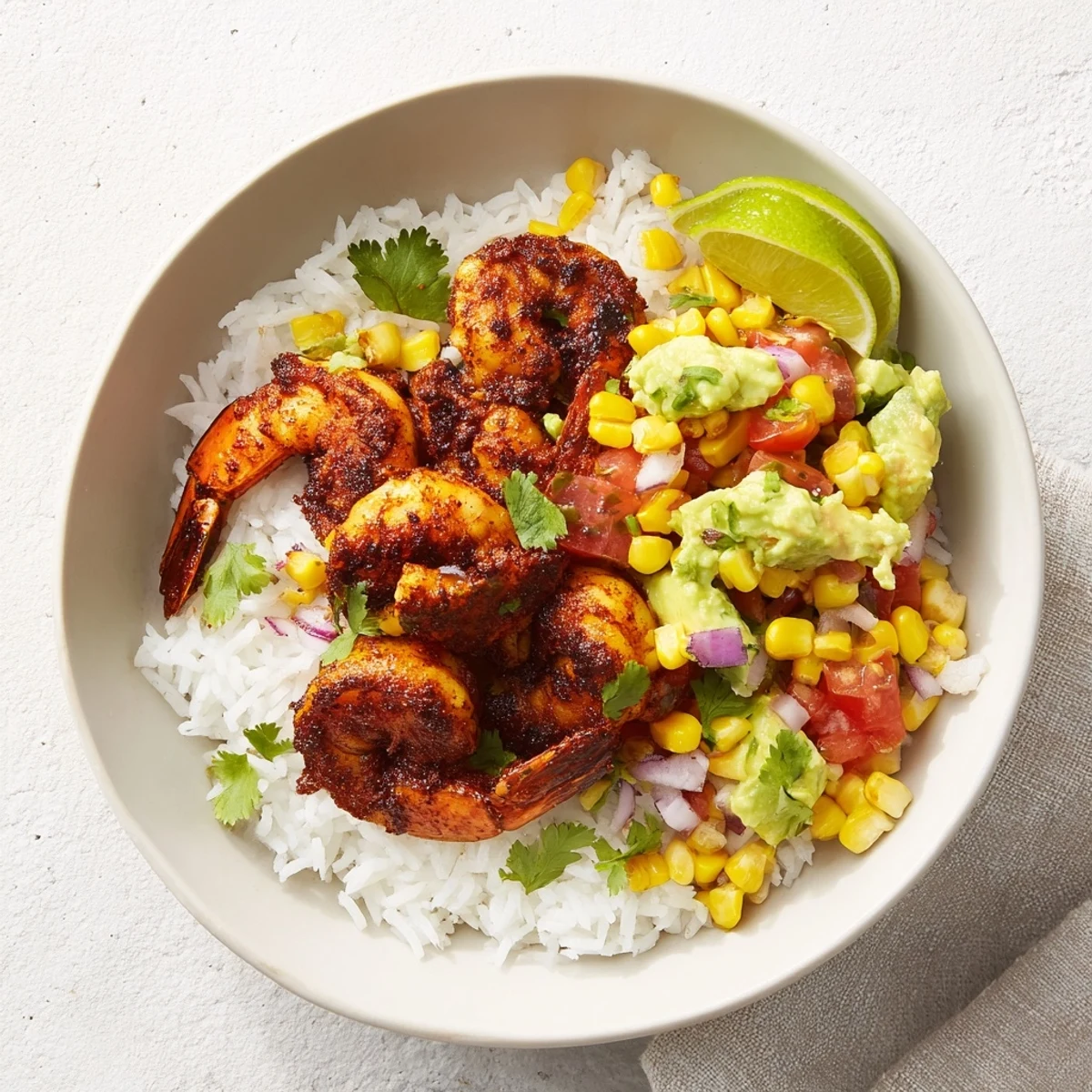 Blackened shrimp bowl featuring spicy shrimp, creamy avocado salsa, fluffy rice, garnished with cilantro and lime.