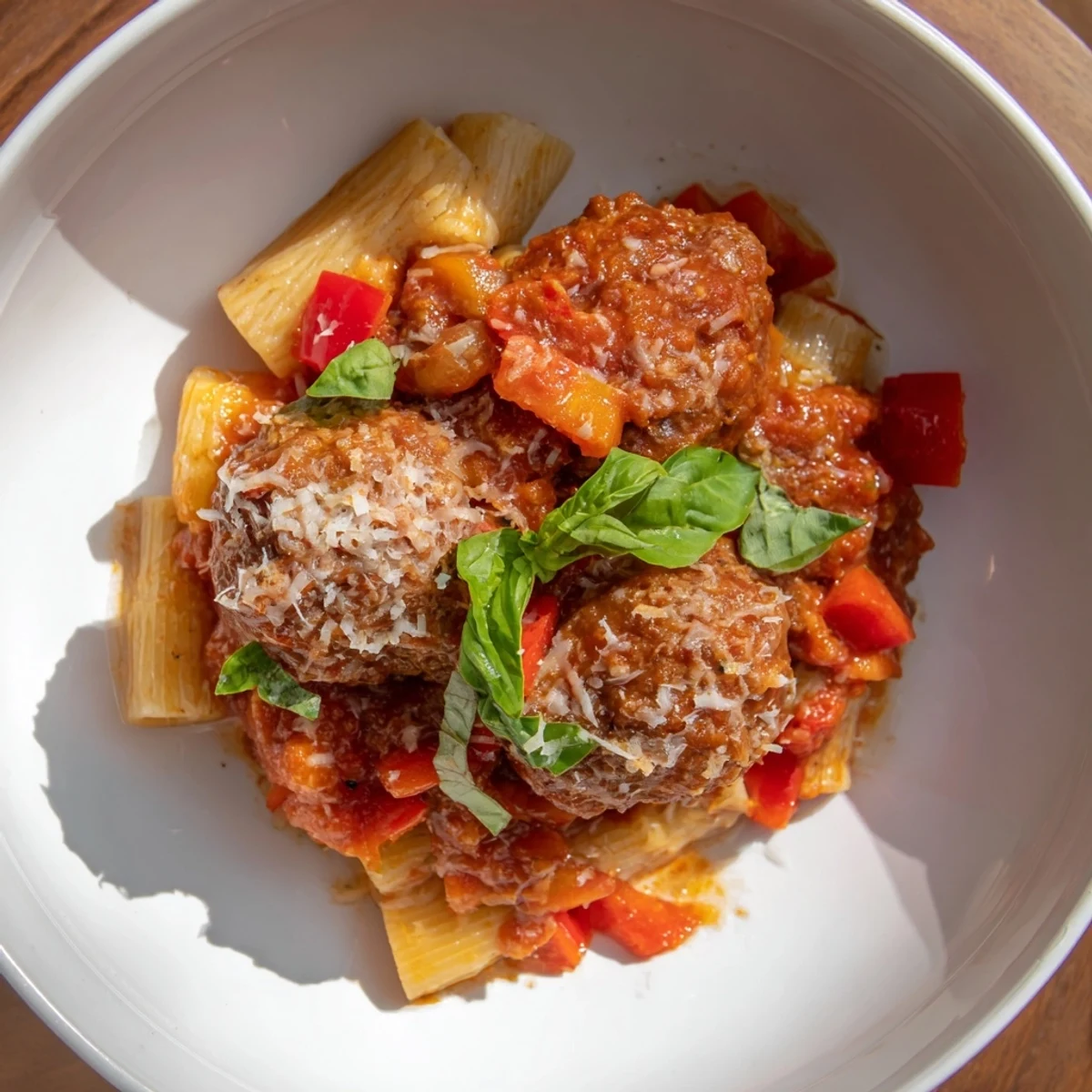 One-pan Italian Meatball Pasta Skillet gleaming, showcasing tender meatballs and vibrant tomato sauce.