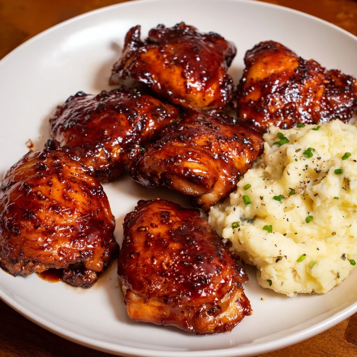 Juicy honey BBQ chicken thighs glistening, served with creamy garlic mashed potatoes, a flavorful plate.