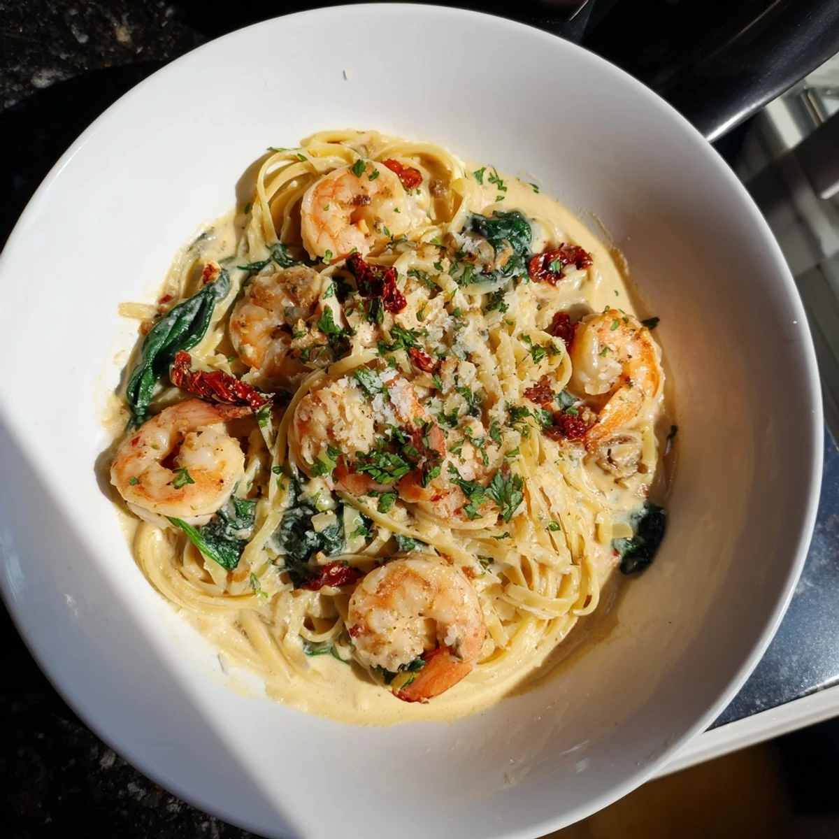 Steaming Tuscan garlic shrimp pasta with vibrant sun-dried tomatoes and fresh parsley garnish is served.