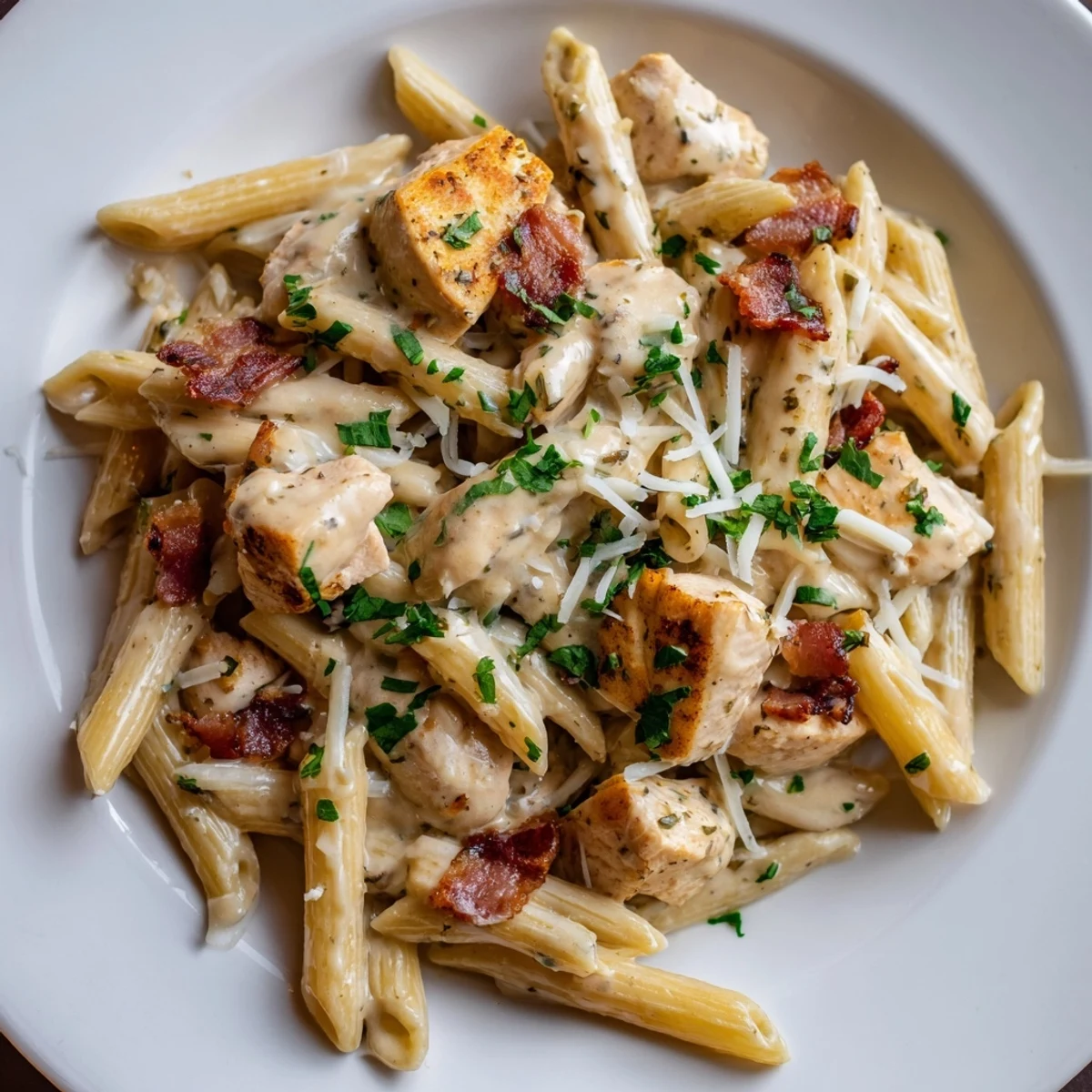 Savor the flavors: Ranch Chicken & Bacon Penne features perfectly cooked pasta in a rich, flavorful sauce.