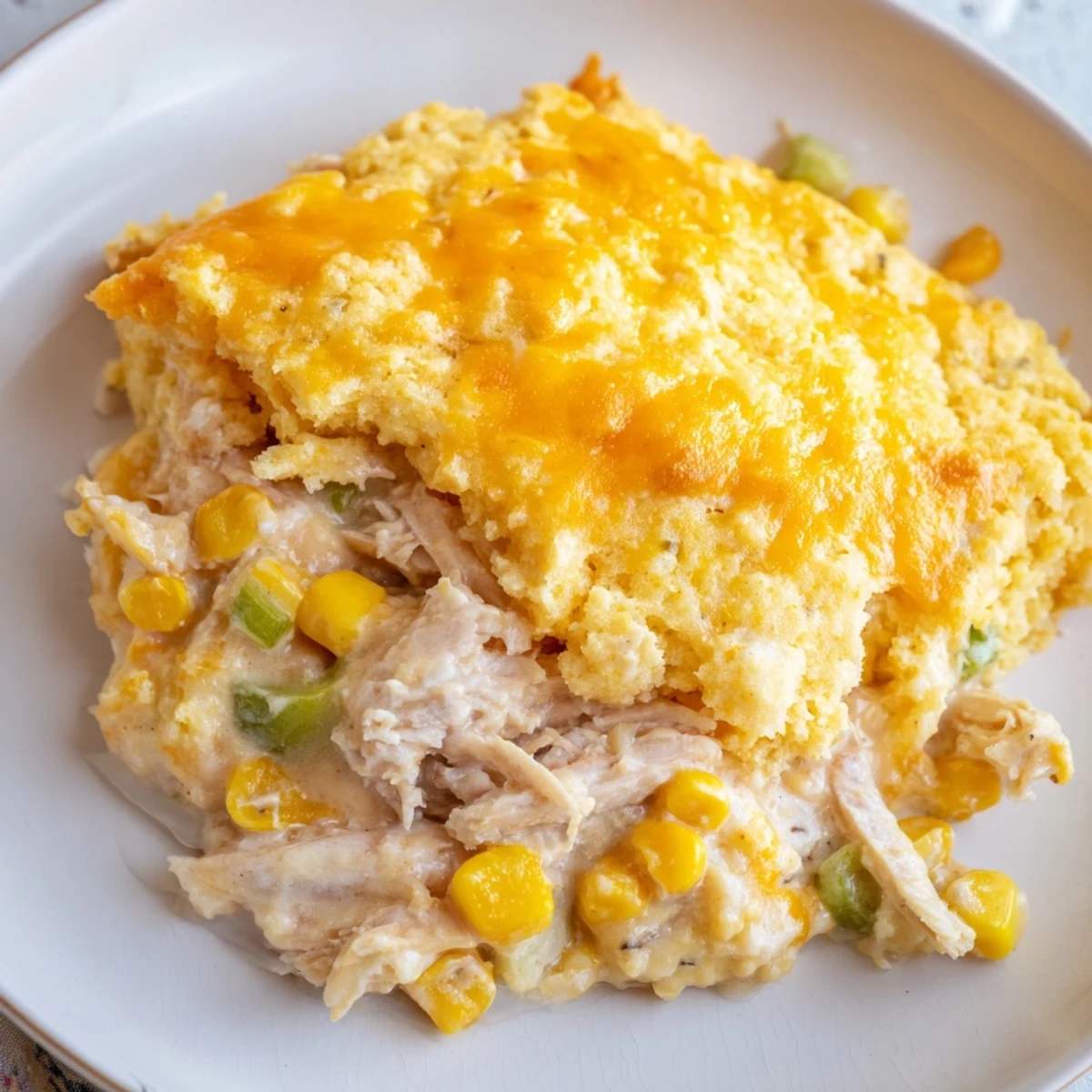 Golden cornbread tops flavorful Southern Cornbread Chicken Casserole, a comforting family meal.
