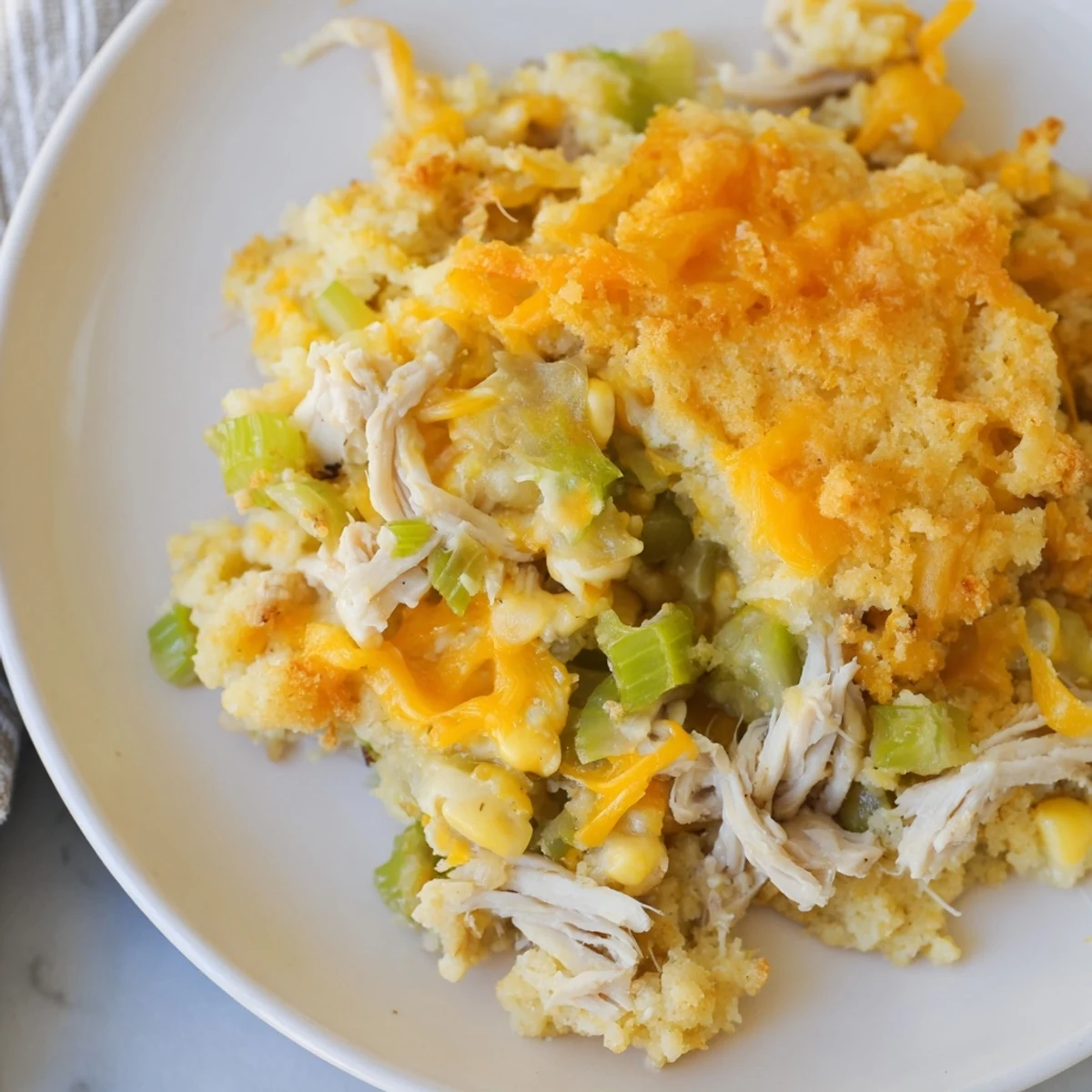 A bubbling, inviting pan of Southern Cornbread Chicken Casserole with a crispy cornbread crust.