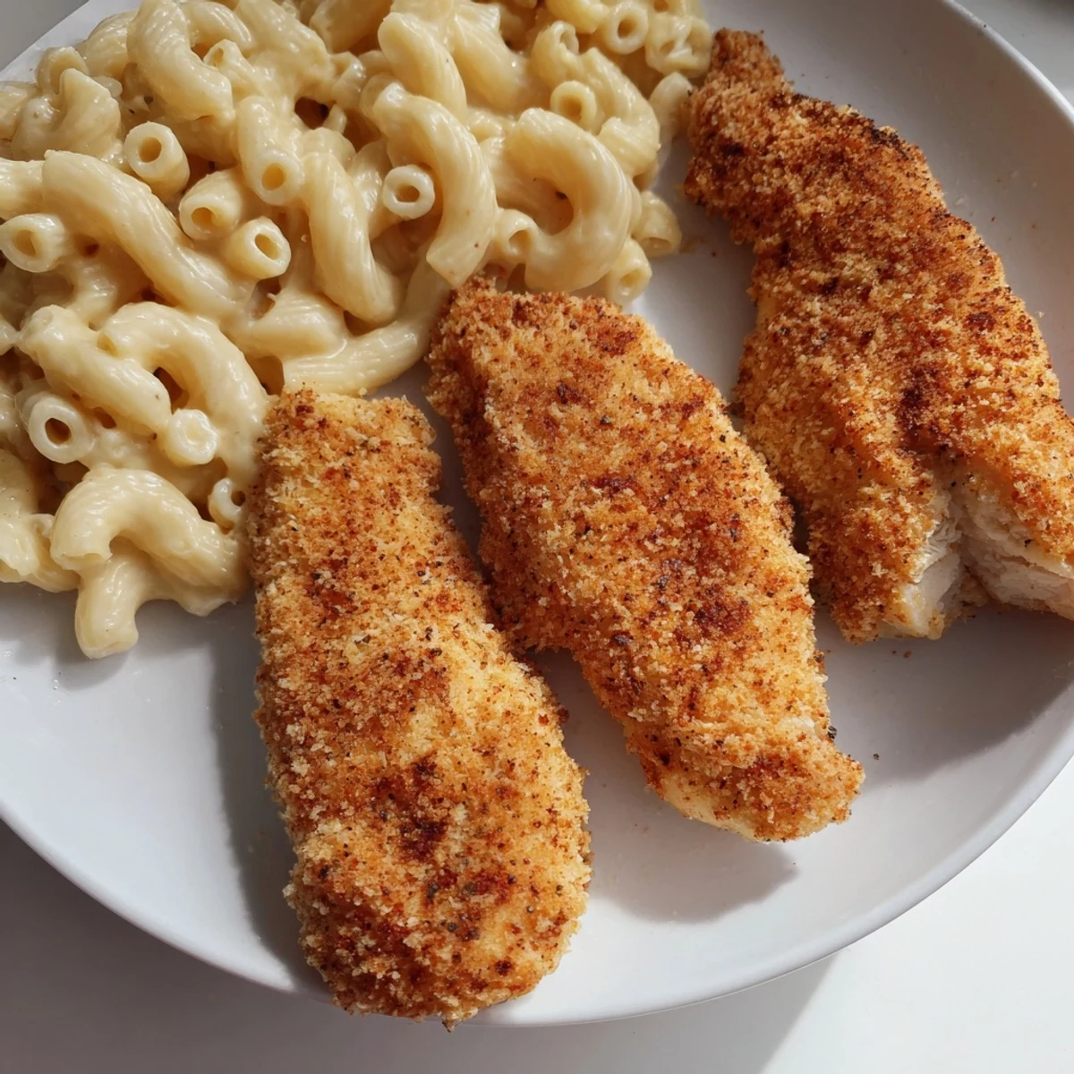 Golden, crispy chicken tenders and creamy macaroni: a comforting plate ready for a delicious meal.