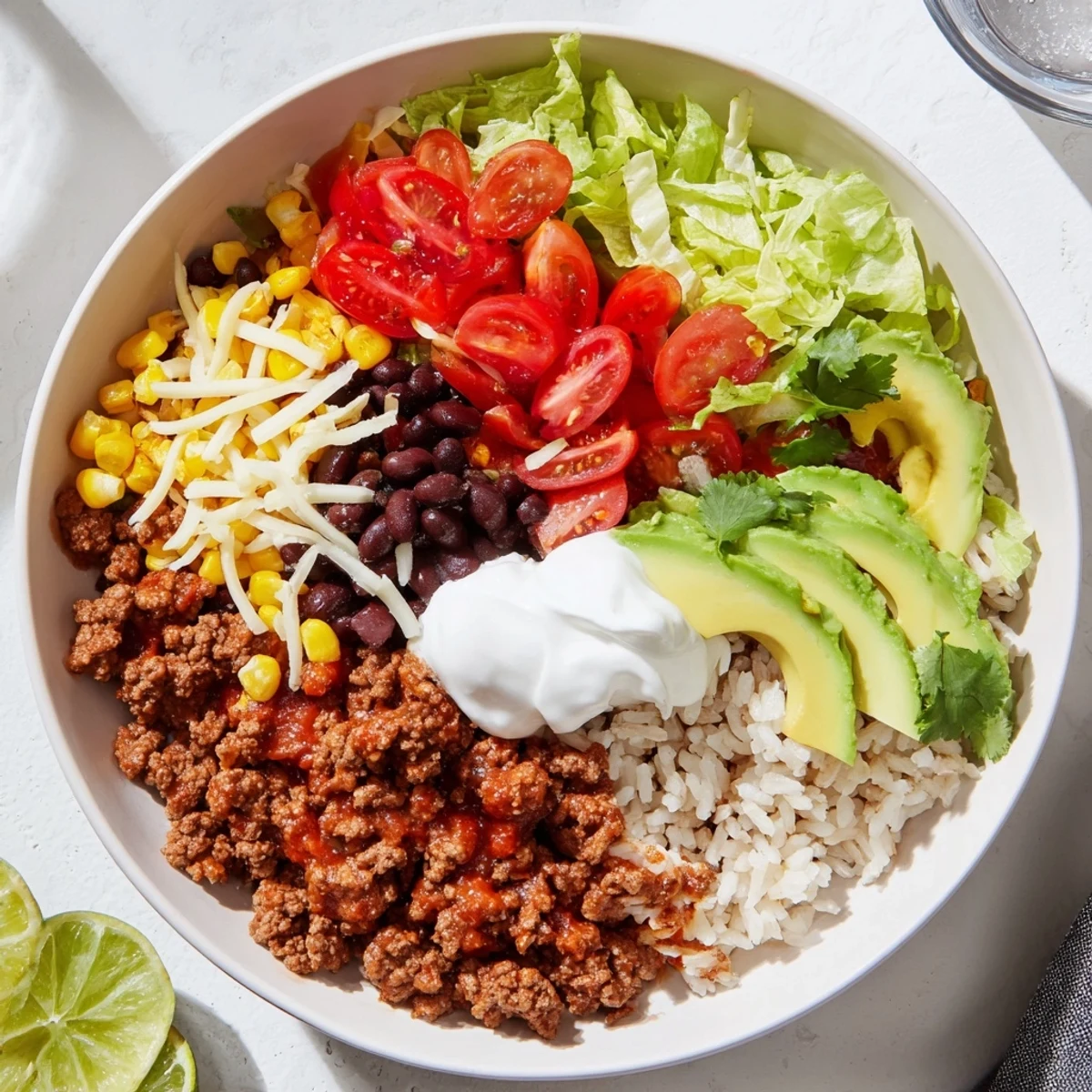 A loaded beef burrito bowl brimming with seasoned beef and fresh, colorful toppings, served ready to eat.