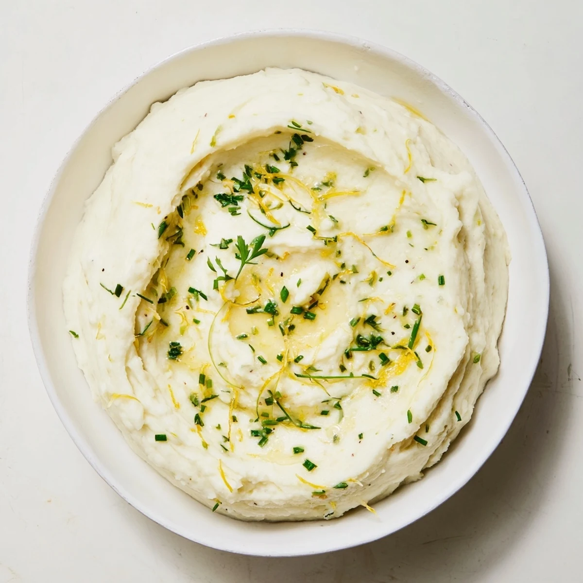 Creamy cauliflower mash with roasted garlic, herbs, and lemon, a flavorful side dish.