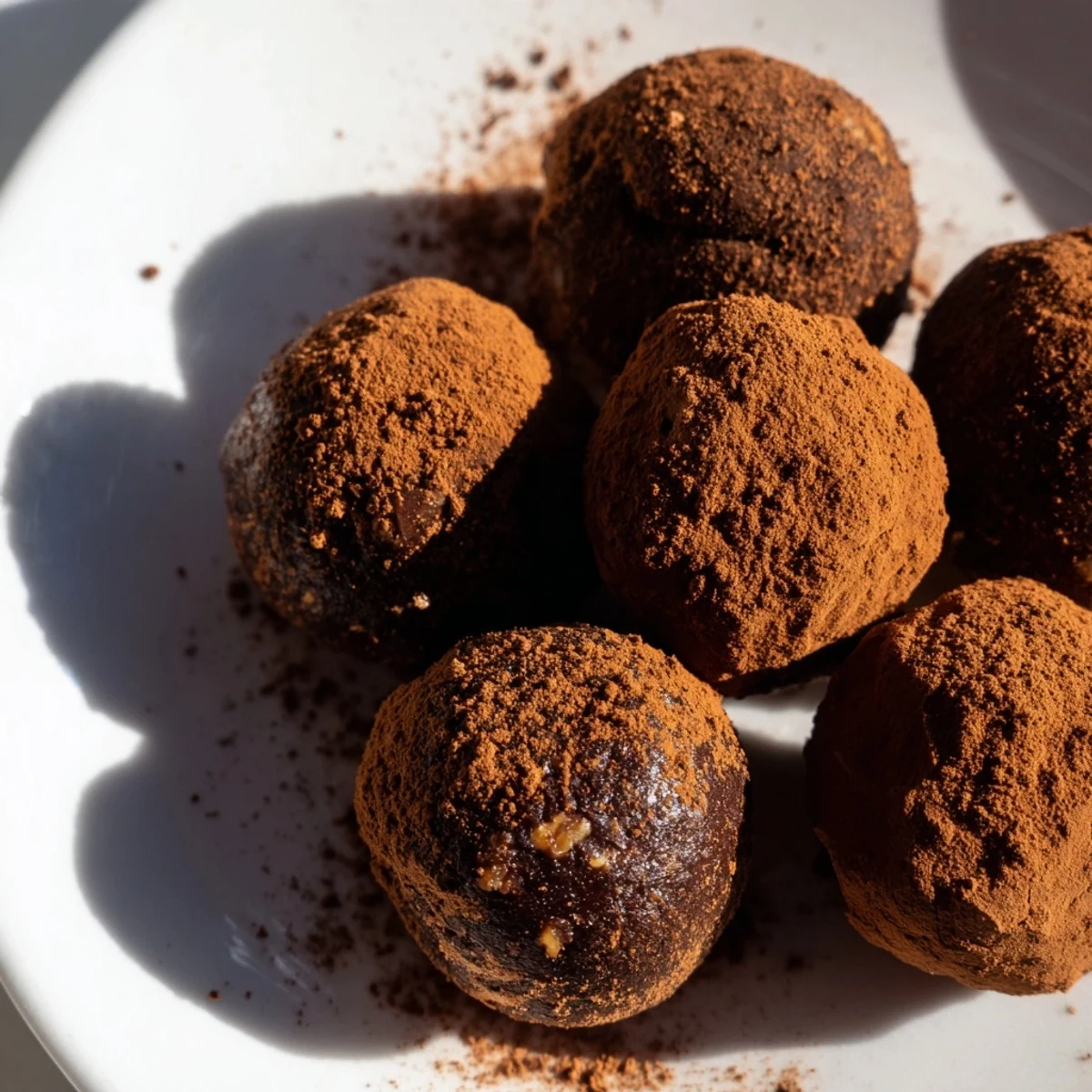 Date & Walnut Truffles rolled in cocoa powder, offering a delightful and healthy dessert ready to enjoy.