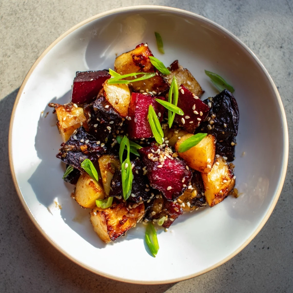Golden-brown Miso Roasted Winter Vegetables, tender and savory after roasting in a flavorful miso glaze.