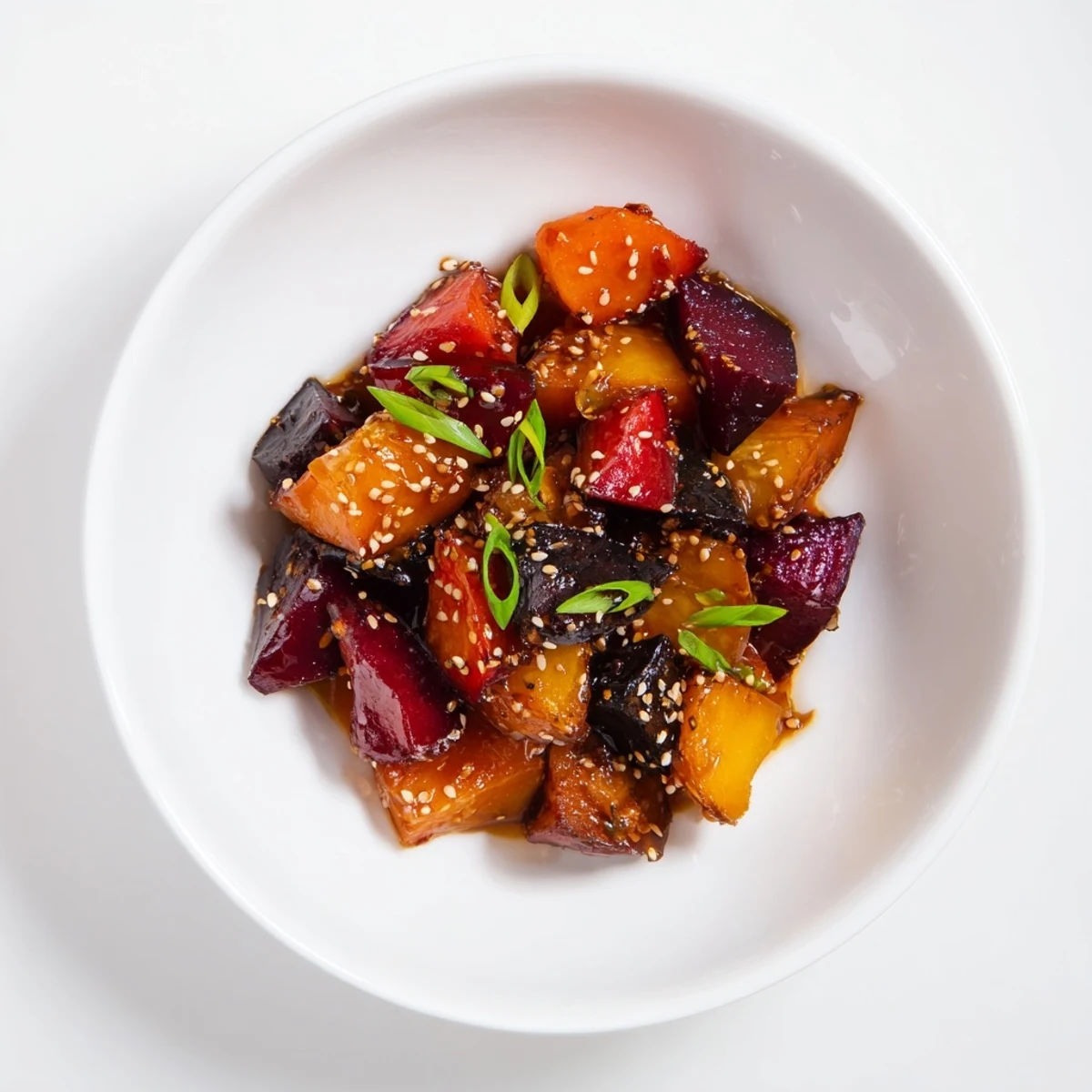 Vibrant Miso Roasted Winter Vegetables with toasted sesame seeds, offering a delightful blend of sweet and umami flavors.