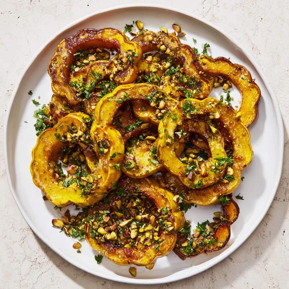 A close-up of tender baked delicata squash rings, showcasing glistening glaze and green pistachios atop.