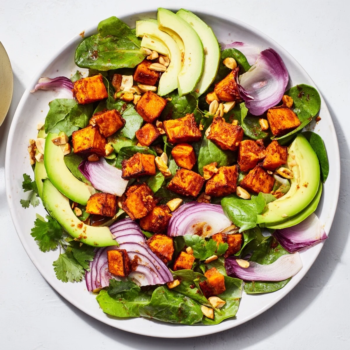 Vibrant Spiced Peanut Sweet Potato & Radicchio Salad Bowl, featuring roasted sweet potatoes and creamy avocado.
