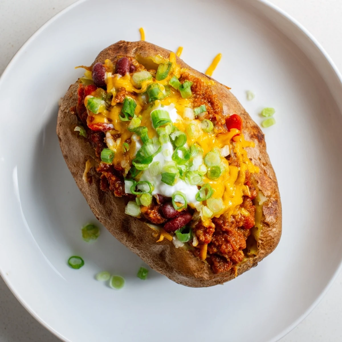 Steaming hot Chili-Style Baked Potatoes, loaded with a rich, flavorful chili, ready to eat and enjoy.