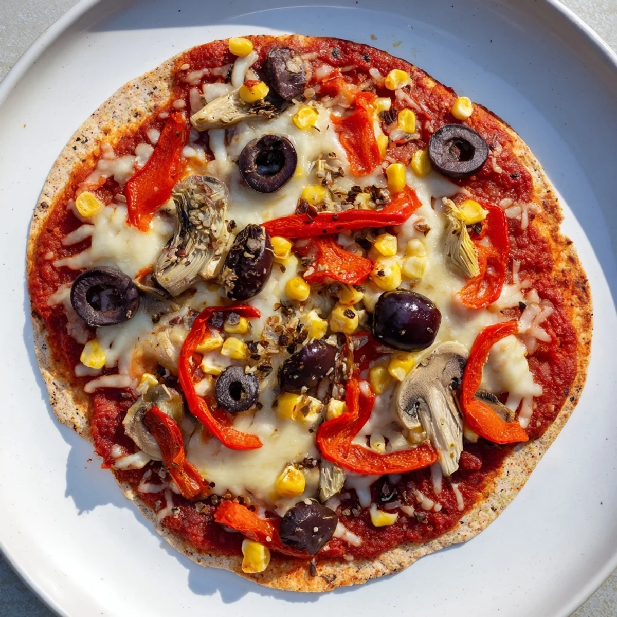 Crispy tortilla pizza, topped with melted cheese and olives, ready to enjoy for a quick lunch.