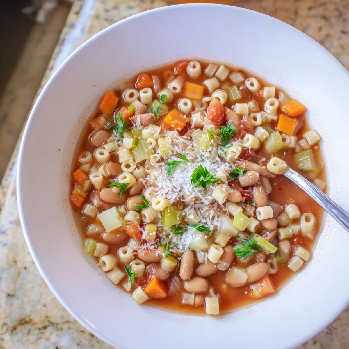 Steaming bowl of Pasta e Fagioli Soup, brimming with tender pasta and savory tomato broth.