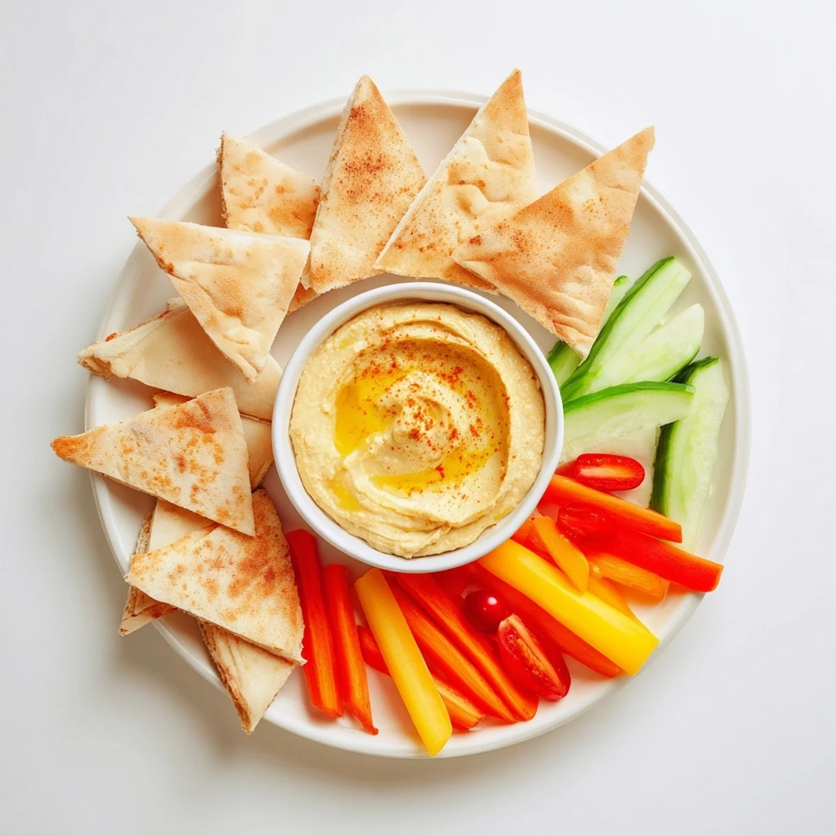 Fresh, creamy DIY hummus alongside homemade pita bread and colorful, crunchy veggie sticks.