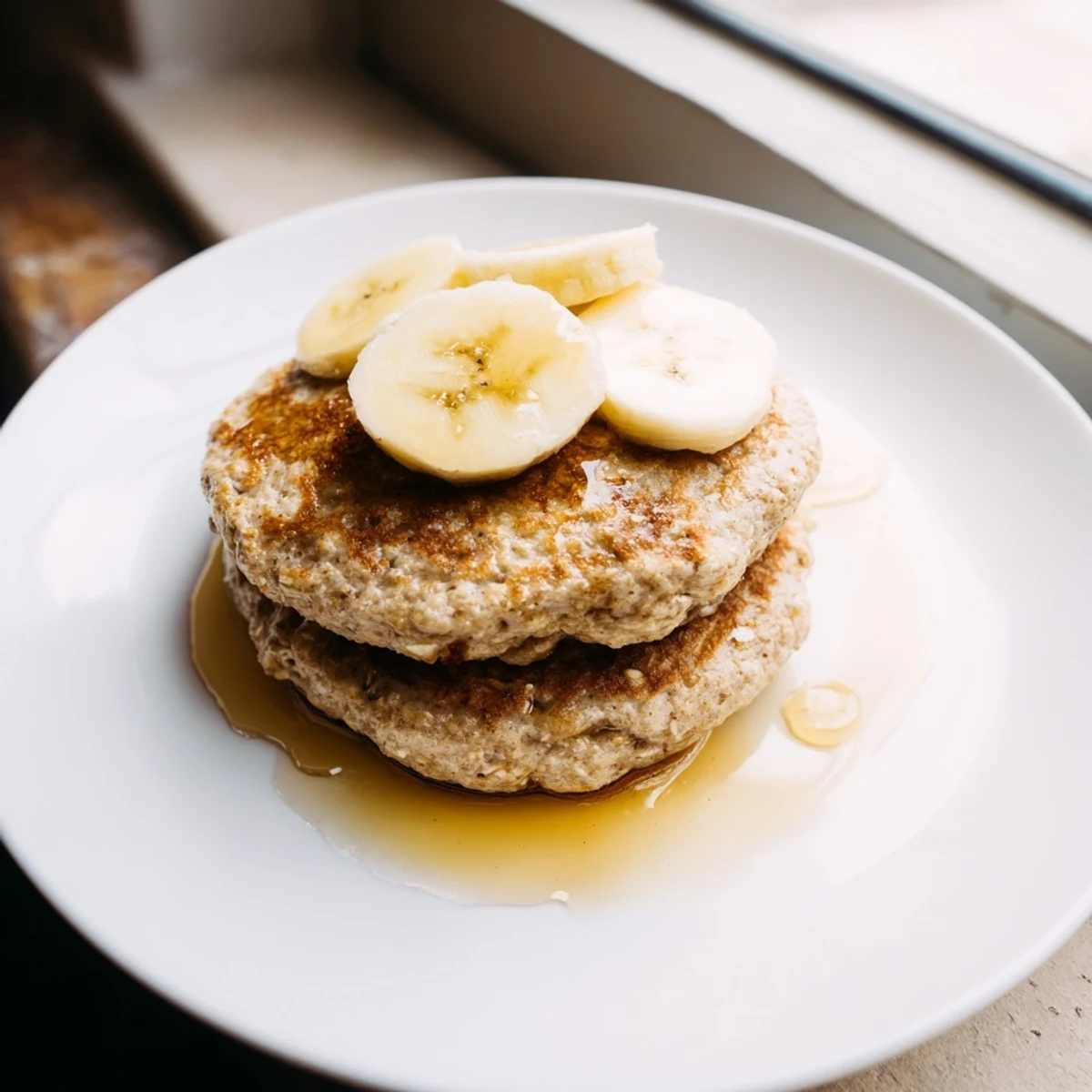 Delicious stack of fluffy banana oat pancakes, perfect for a cozy, comforting breakfast feast.
