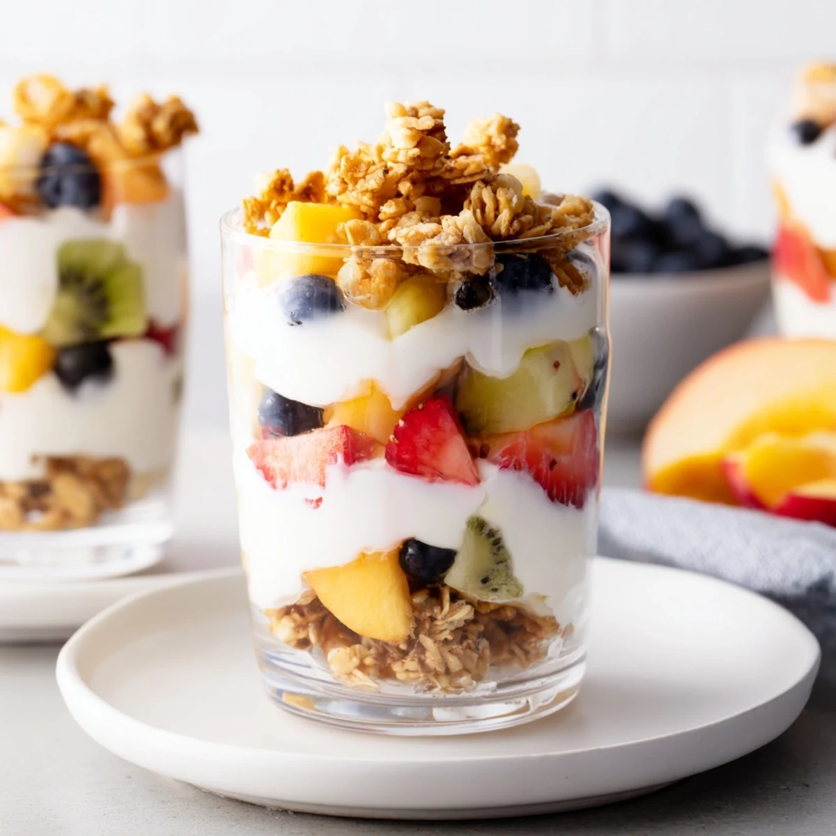 Vibrant Yogurt Parfait layers showcasing creamy yogurt, colorful seasonal fruit, and crunchy granola for breakfast.