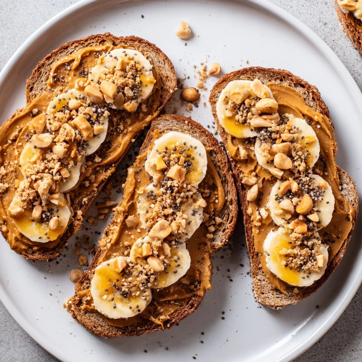 A close-up view of a gourmet Peanut Butter & Banana Sandwich Upgrade, garnished with honey and roasted peanuts.