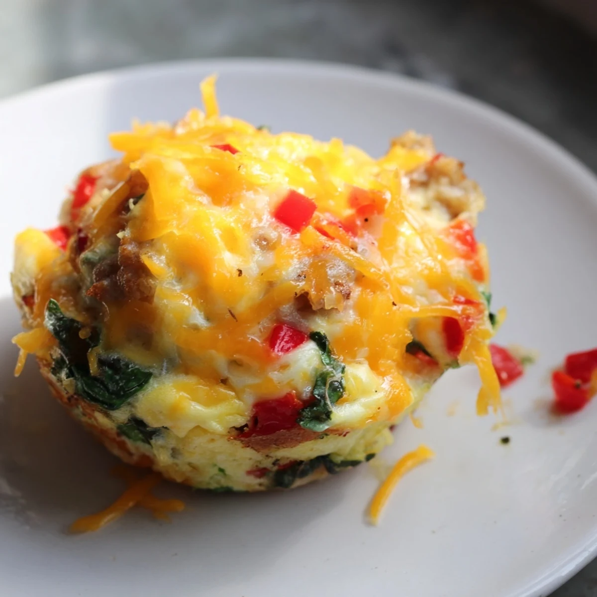 Fluffy, cheesy One-Pot Breakfast Casserole Muffins with visible chunks of red bell pepper and spinach; a delicious, easy meal.