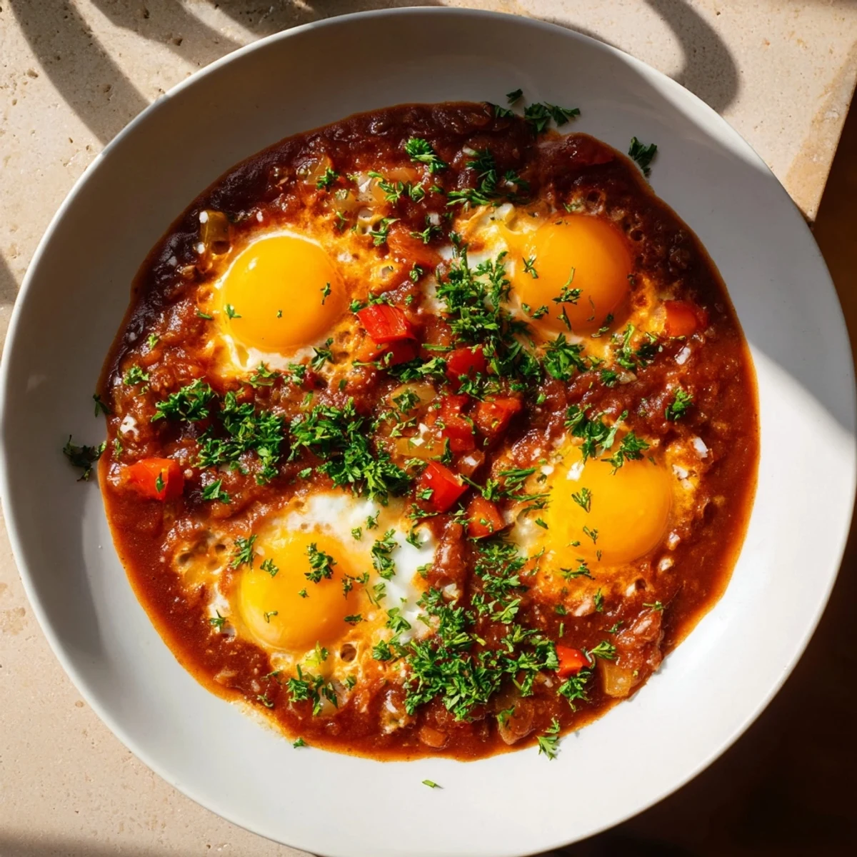 Golden-yolked Savoury Baked Eggs in Tomato Sauce, served with parsley and perfect for brunch.
