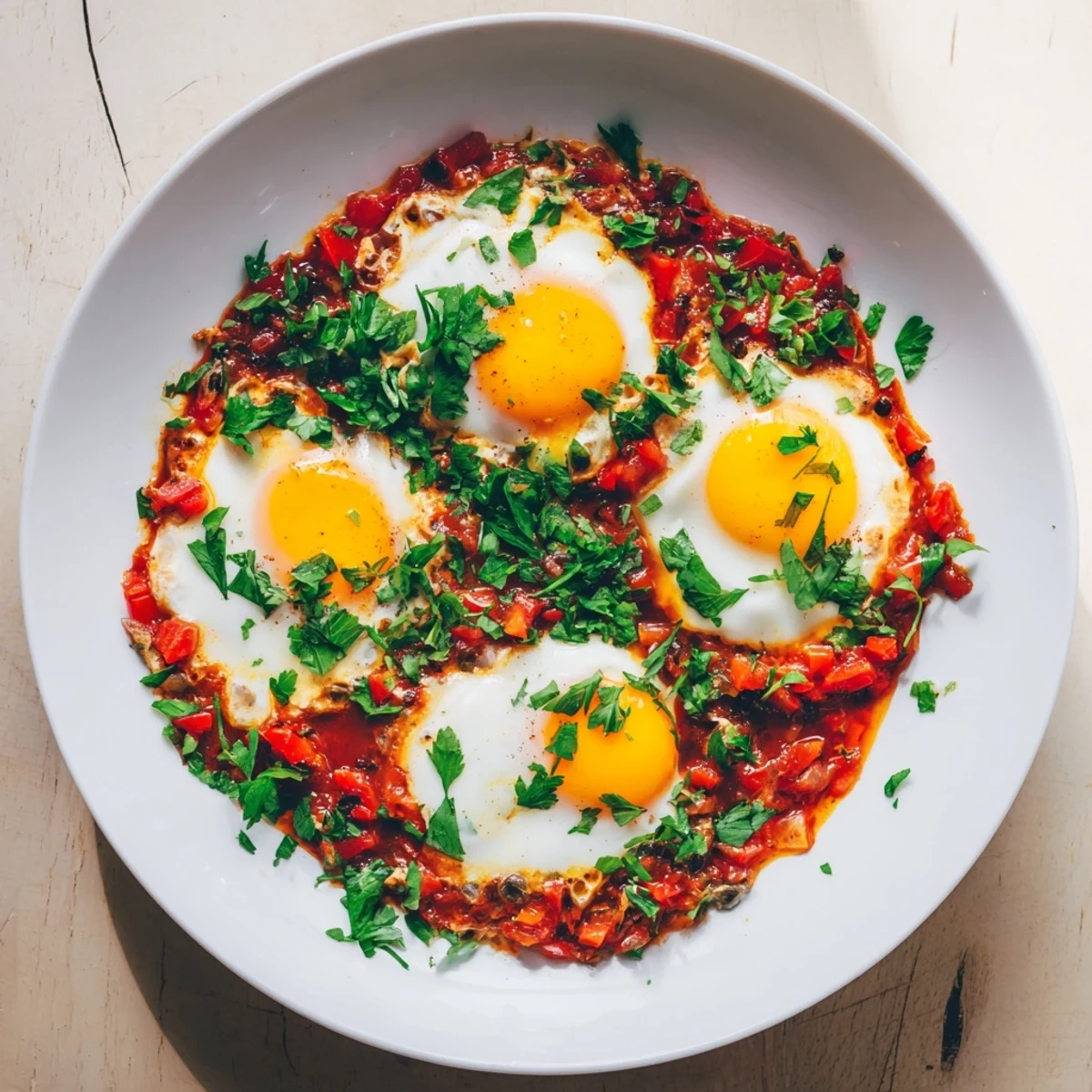 Rich and red, these Savoury Baked Eggs in Tomato Sauce provide comforting flavors and a hearty, healthy meal.